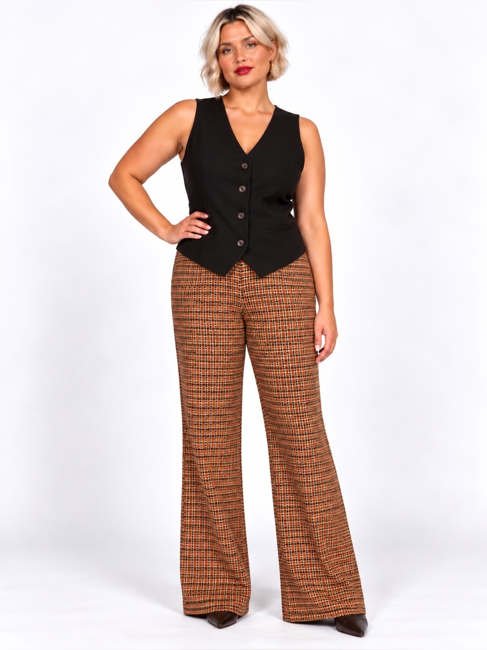 Vest & pants outfit. Glen plaid wide legs pants w ankle slit. Waistcoat top- L